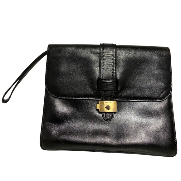 Bally Black and Gold Leather Wristlet Clutch with Elegant Clasp